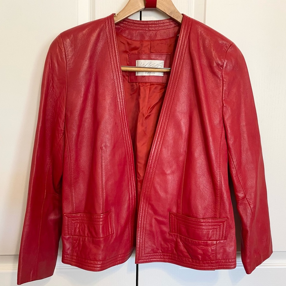 Lord & Taylor Jacket Red Lambpanna Leather Open Front Blazer Womens 4P Petite
